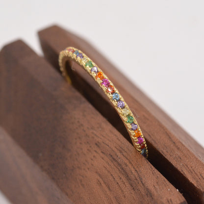Skinny Rainbow Crystal Pave Ring in Sterling Silver, Gold Vermeil Crystal Pave Ring, Stacking Rings, Eternity Ring, US 5 - 8