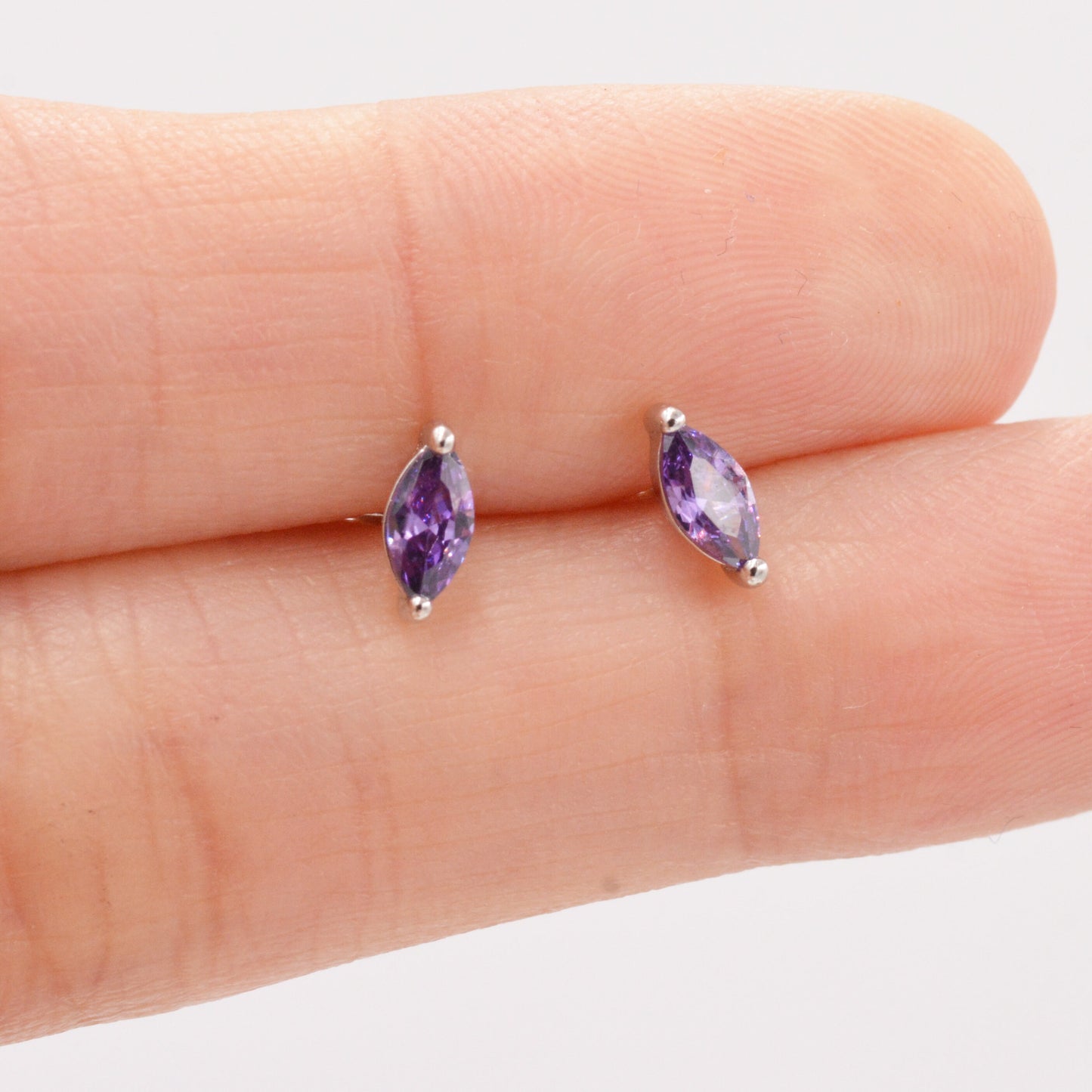 Sterling Silver Amethyst Purple Marquise Stud Earrings, Simulated Amethyst Crystal,  Minimalist Geometric Design
