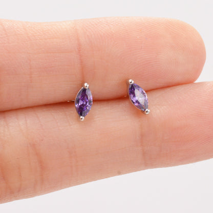 Sterling Silver Amethyst Purple Marquise Stud Earrings, Simulated Amethyst Crystal,  Minimalist Geometric Design