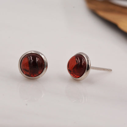 Natural Garnet Stud Earrings in Sterling Silver, 6mm Red Garnet, Dark Red, Genuine Gemstone, Minimalist Geometric Design