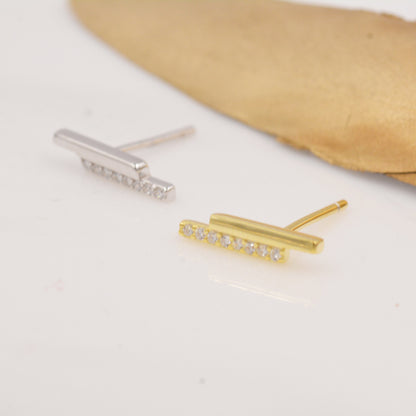 Minimalist Double Bar Stud Earrings with Sparkly Crystals in Sterling Silver, Gold or Silver, Geometric Minimalist Design