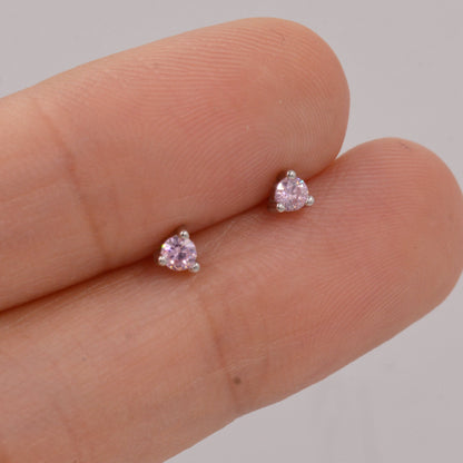 Pink Crystal Stud Earrings in Sterling Silver, 3mm Three Prong,  Tiny Crystal Stud
