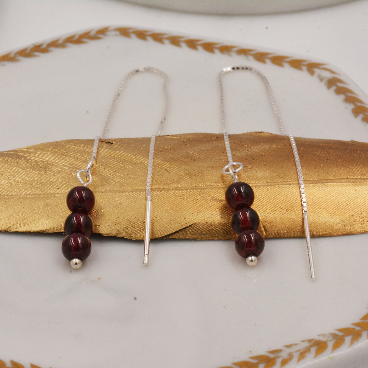 Genuine Garnet Gemstone Ear Threaders in Sterling Silver, Three Beads Threader Earrings, Ear Jacket. Dark Red Garnet Crystals