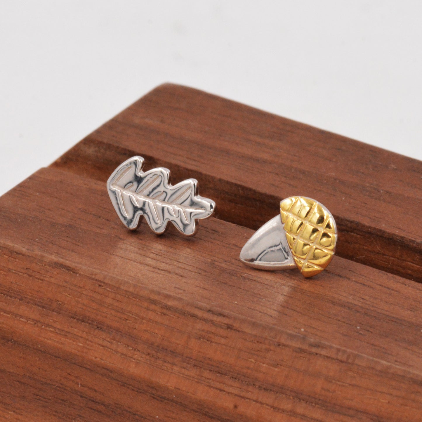 Mismatched Acorn and Oak Leaf Stud Earrings in Sterling Silver, Petite Earrings, Small Leaf Stud, Nature Inspired