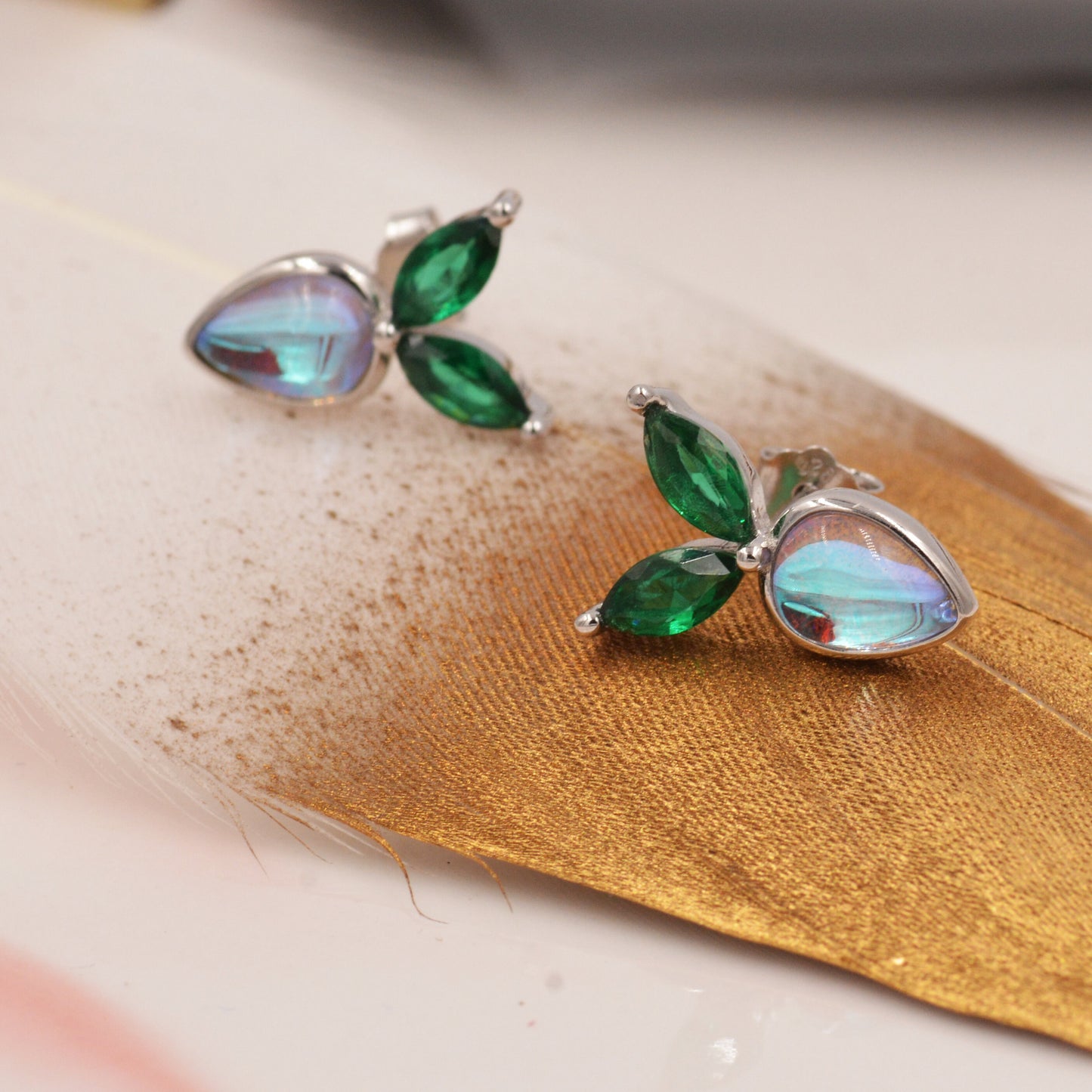 Cute Carrot Stud Earrings in Sterling Silver with Colour Changing Glass Crystals - Simulated Moonstones - Cute, Fun, Whimsical