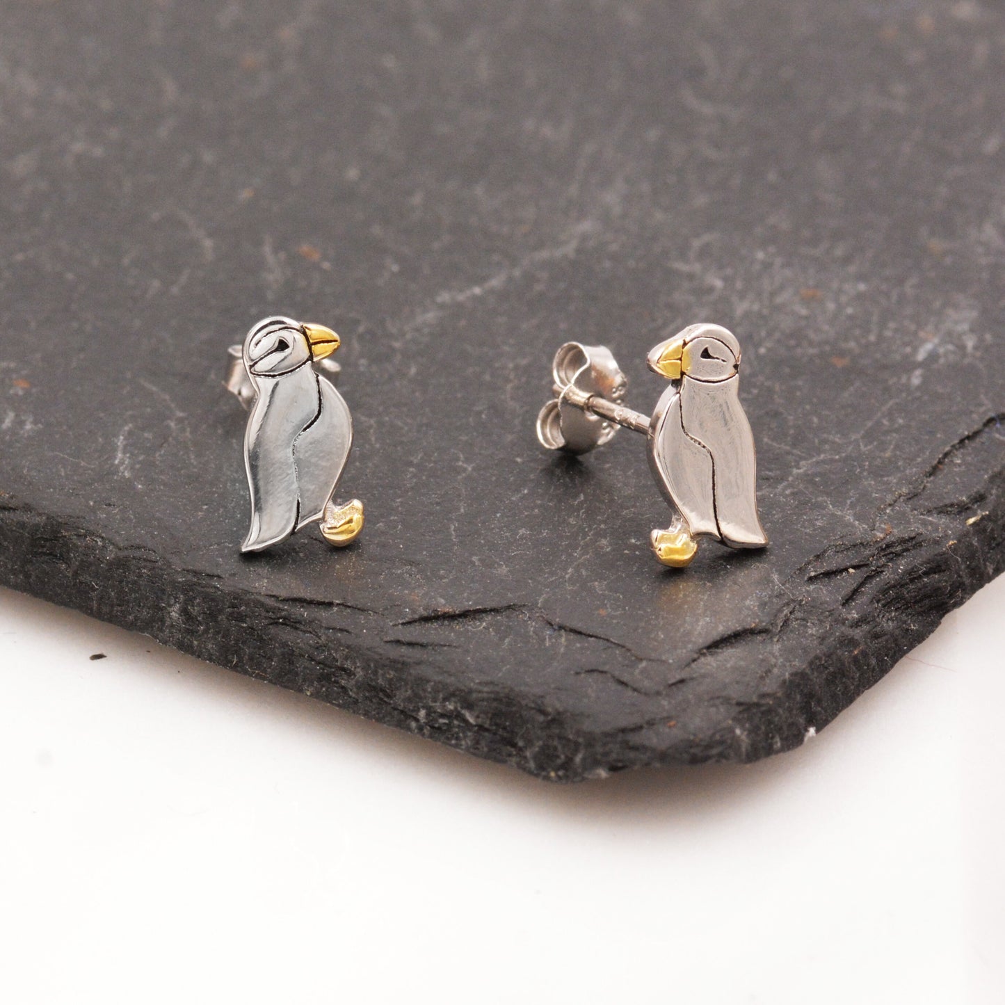 Puffin Bird Stud Earrings in Sterling Silver - Gold and Silver Two Tone - Cute, Fun, Whimsical and Pretty Jewellery