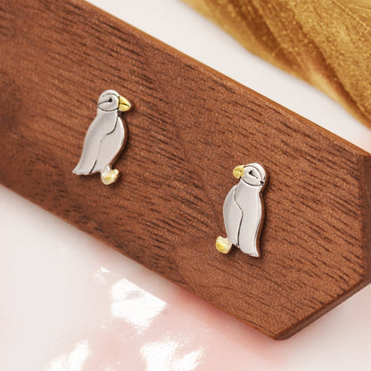 Puffin Bird Stud Earrings in Sterling Silver - Gold and Silver Two Tone - Cute, Fun, Whimsical and Pretty Jewellery
