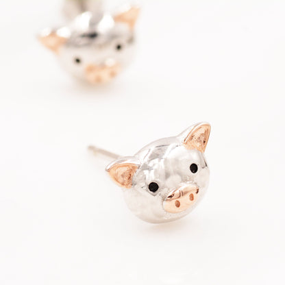 Cute Little Pig Stud Earrings in Sterling Silver - Silver and Rose Gold - Farm Animal Earrings - Whimsical and Pretty Jewellery
