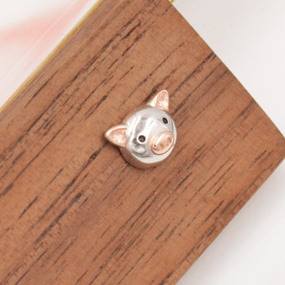 Cute Little Pig Stud Earrings in Sterling Silver - Silver and Rose Gold - Farm Animal Earrings - Whimsical and Pretty Jewellery