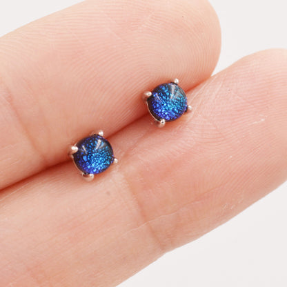 Sterling Silver Gold Dichroic Glass Stud Earrings, 4mm, Glass Crystal Dark Blue - 4 Prongs, Minimalist Style