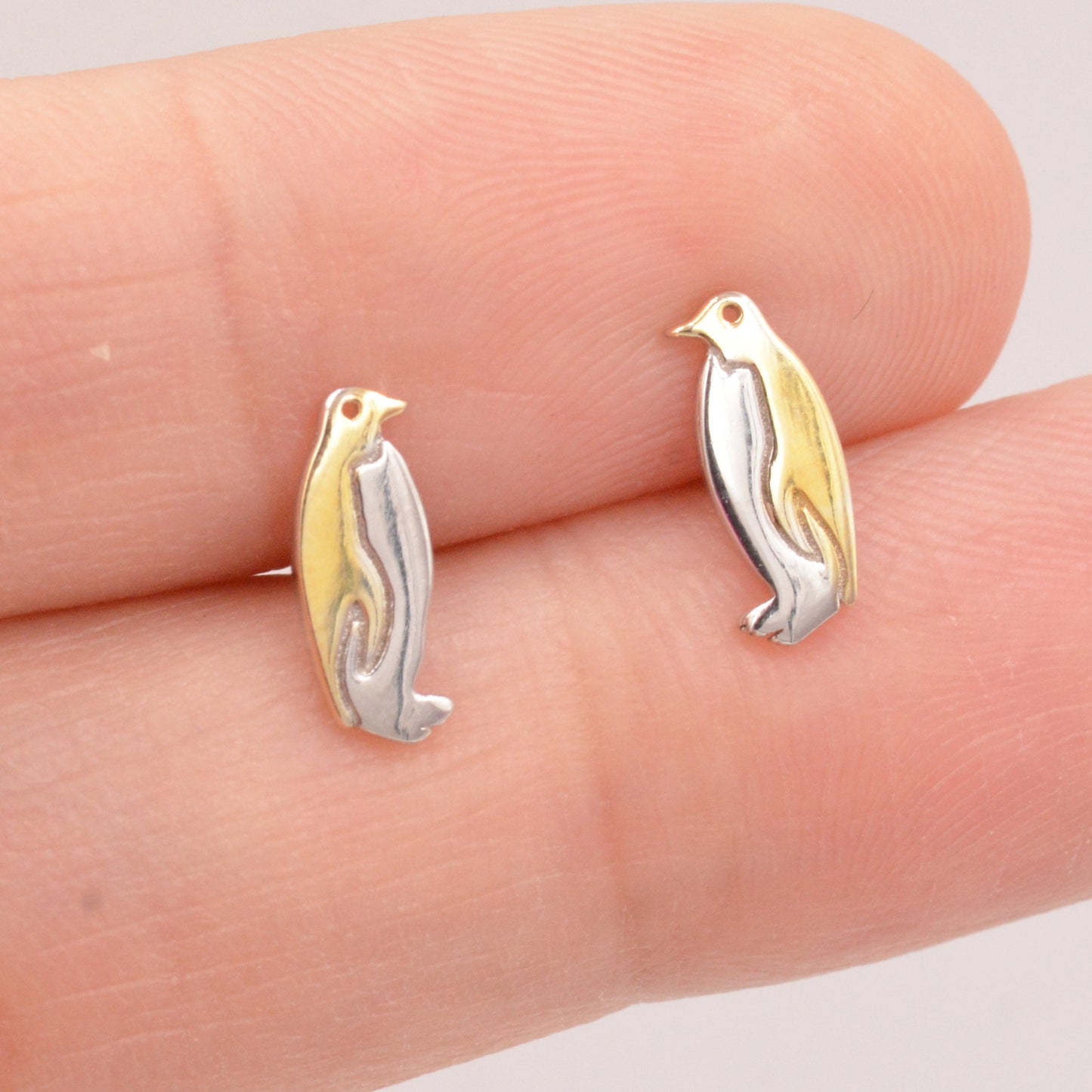 Penguin Stud Earrings in Sterling Silver - Small Pair of Penguin Bird Earrings - Gold and Silver Two Tone Plating - Cute Animal Stud
