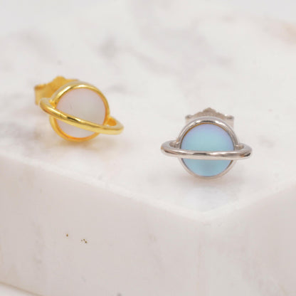 Little Planet Stud Earrings in Sterling Silver - Simulated Moonstone - Gold or Silver - - Sold as a Pair - Cute, Fun, Whimsical and Pretty