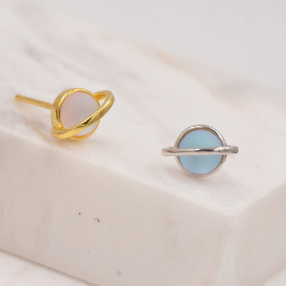 Little Planet Stud Earrings in Sterling Silver - Simulated Moonstone - Gold or Silver - - Sold as a Pair - Cute, Fun, Whimsical and Pretty