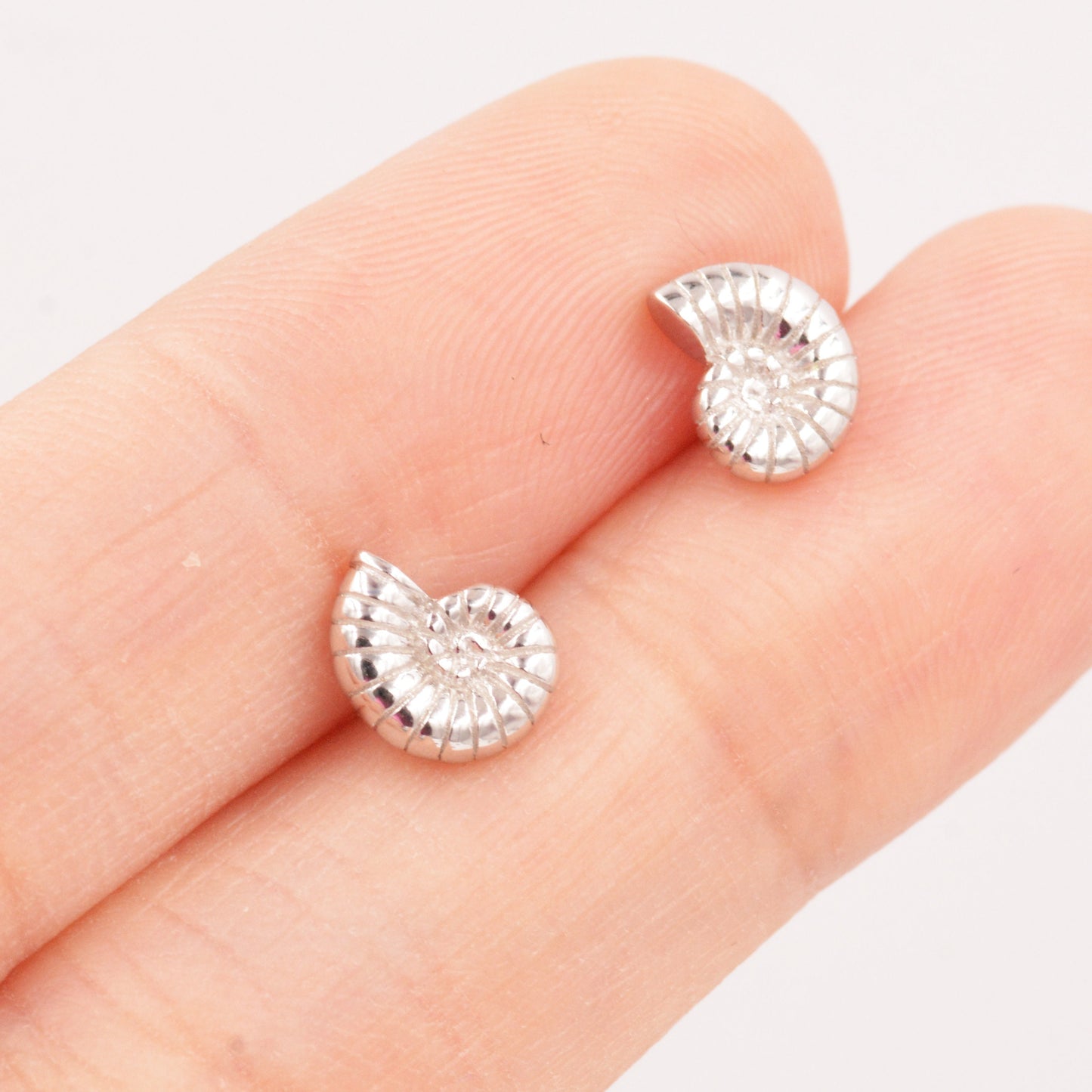 Sterling Silver Ammonite Shell Stud Earrings - Cute   Fun, Whimsical - Sea Ocean Theme - Nature Inspired