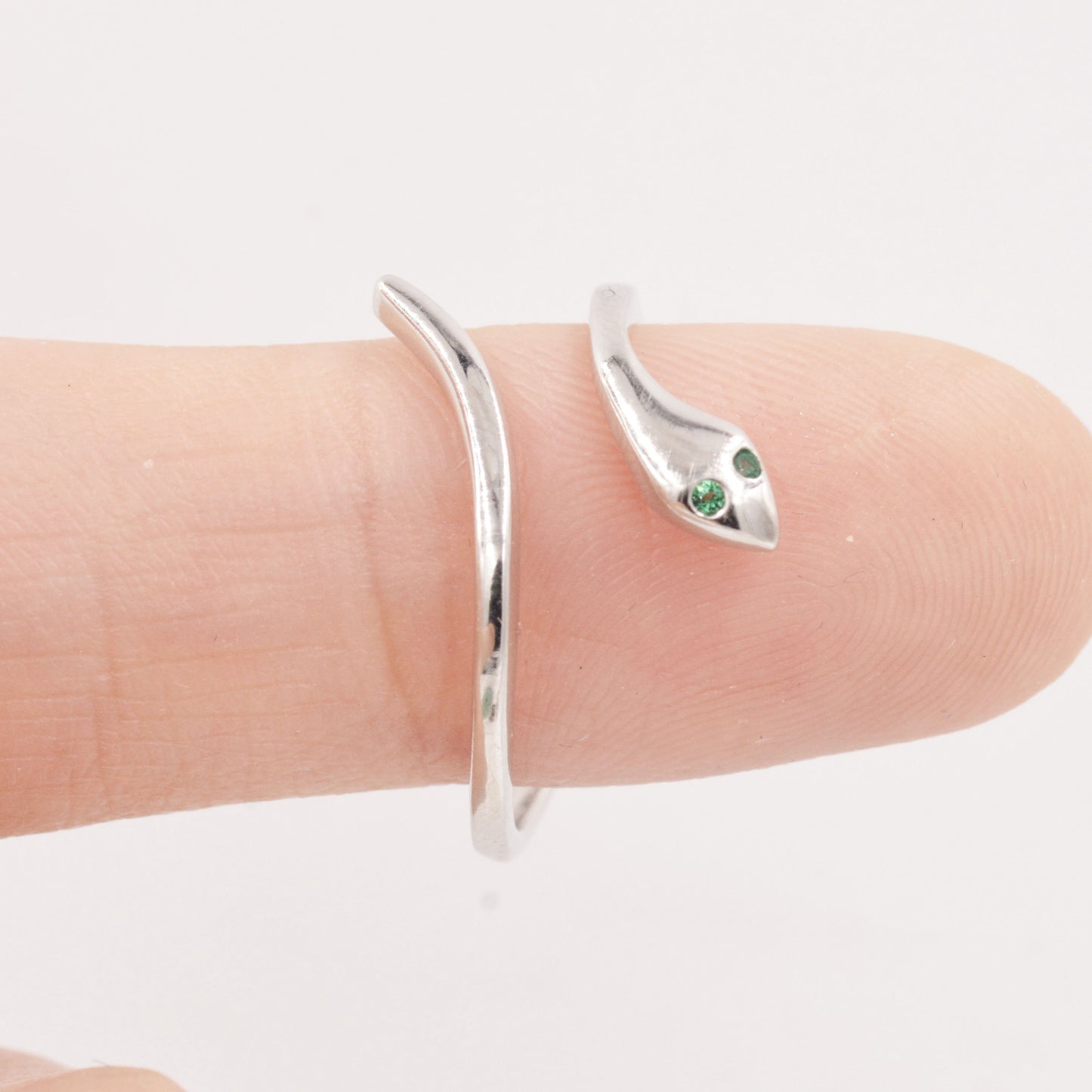 Snake Wrap Ring in Sterling Silver - Emerald Green Eyed Snake Ring - Adjustable and Available in Three Sizes