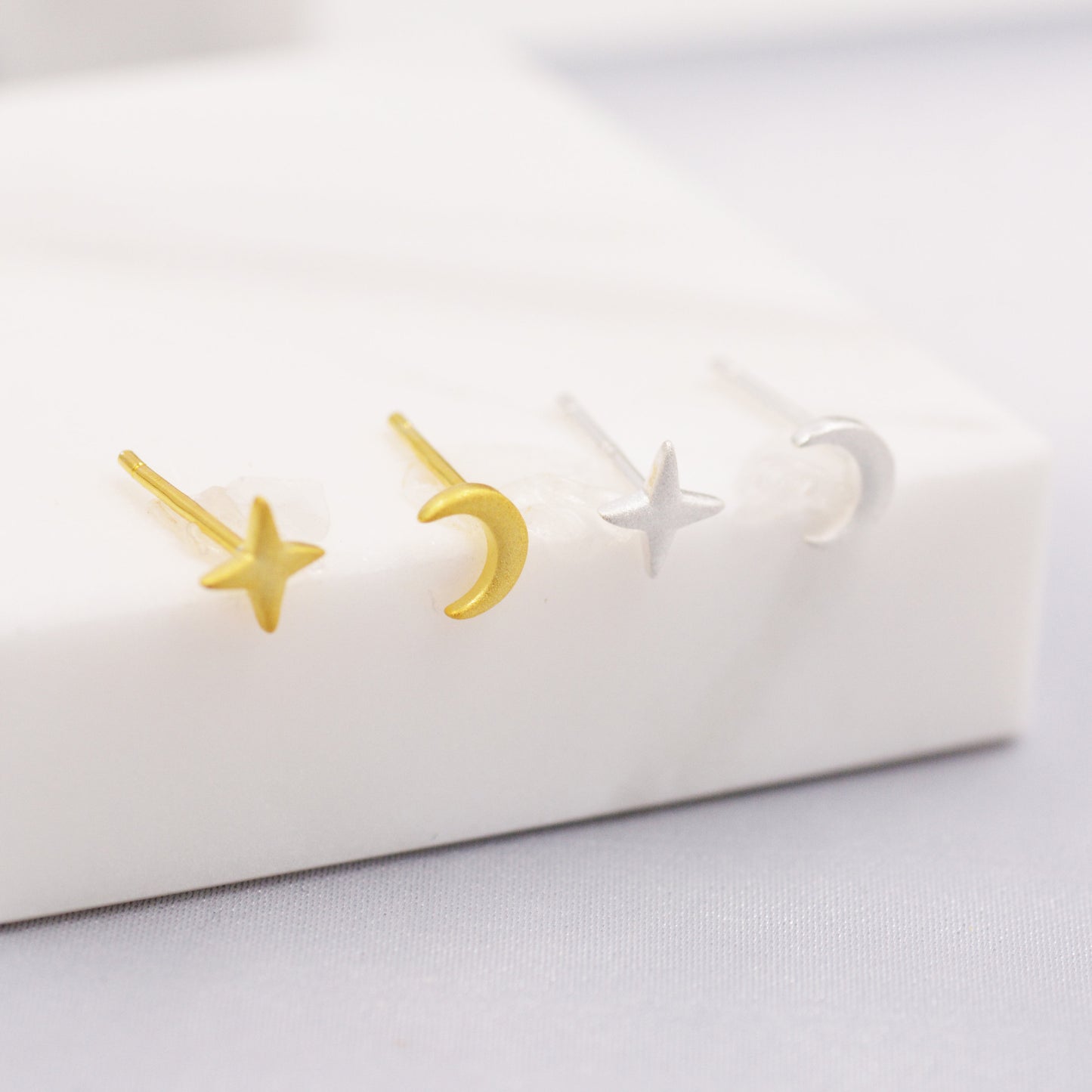Mismatched Four Point Star and Moon Stud Earrings in Sterling Silver, Crescent Moon Celestial Stud, Polished or Textured, Gold or Silver
