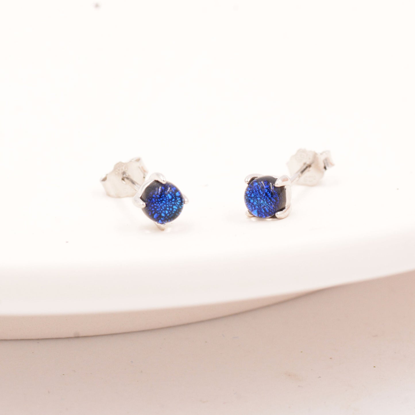Sterling Silver Gold Dichroic Glass Stud Earrings, 4mm, Glass Crystal Dark Blue - 4 Prongs, Minimalist Style