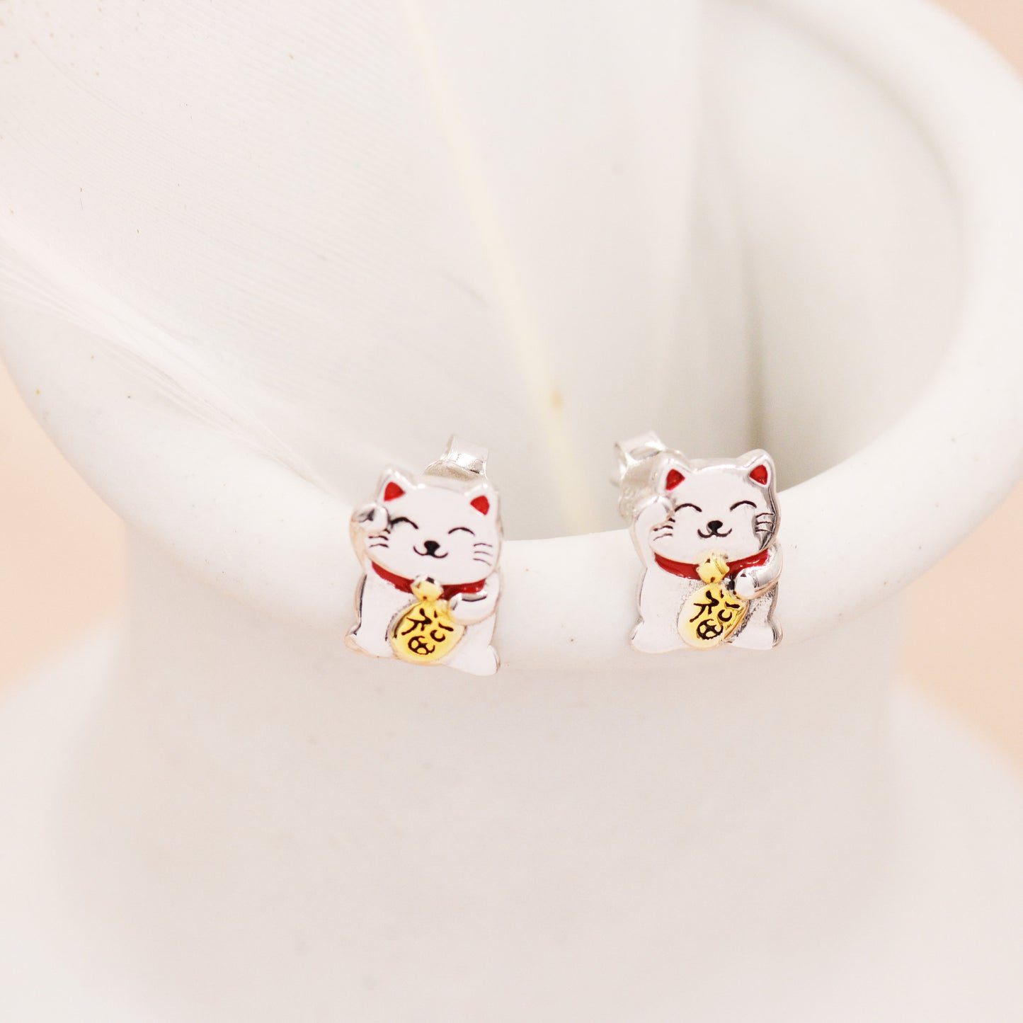 Super Cute Japanese Maneki-neko Cat Stud Earrings in Sterling Silver - Animal Stud Earrings  - Cute Money Cat, Waving Cat Stud, Cat Earrings