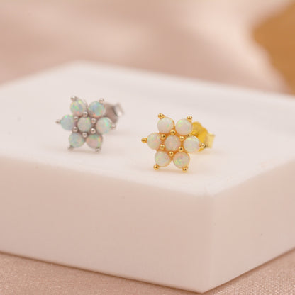 Opal Flower Stud Earrings in Sterling Silver - Gold or Silver - Opal Snowflake - 7 Opal Cluster - Petite Stud Earrings