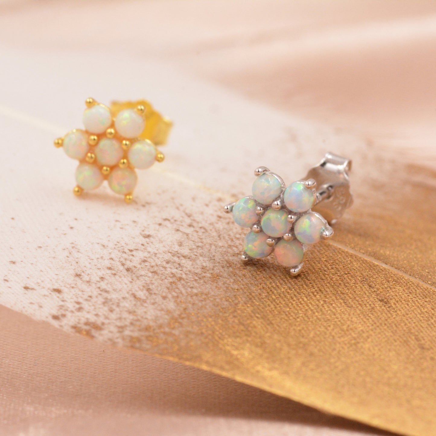 Opal Flower Stud Earrings in Sterling Silver - Gold or Silver - Opal Snowflake - 7 Opal Cluster - Petite Stud Earrings