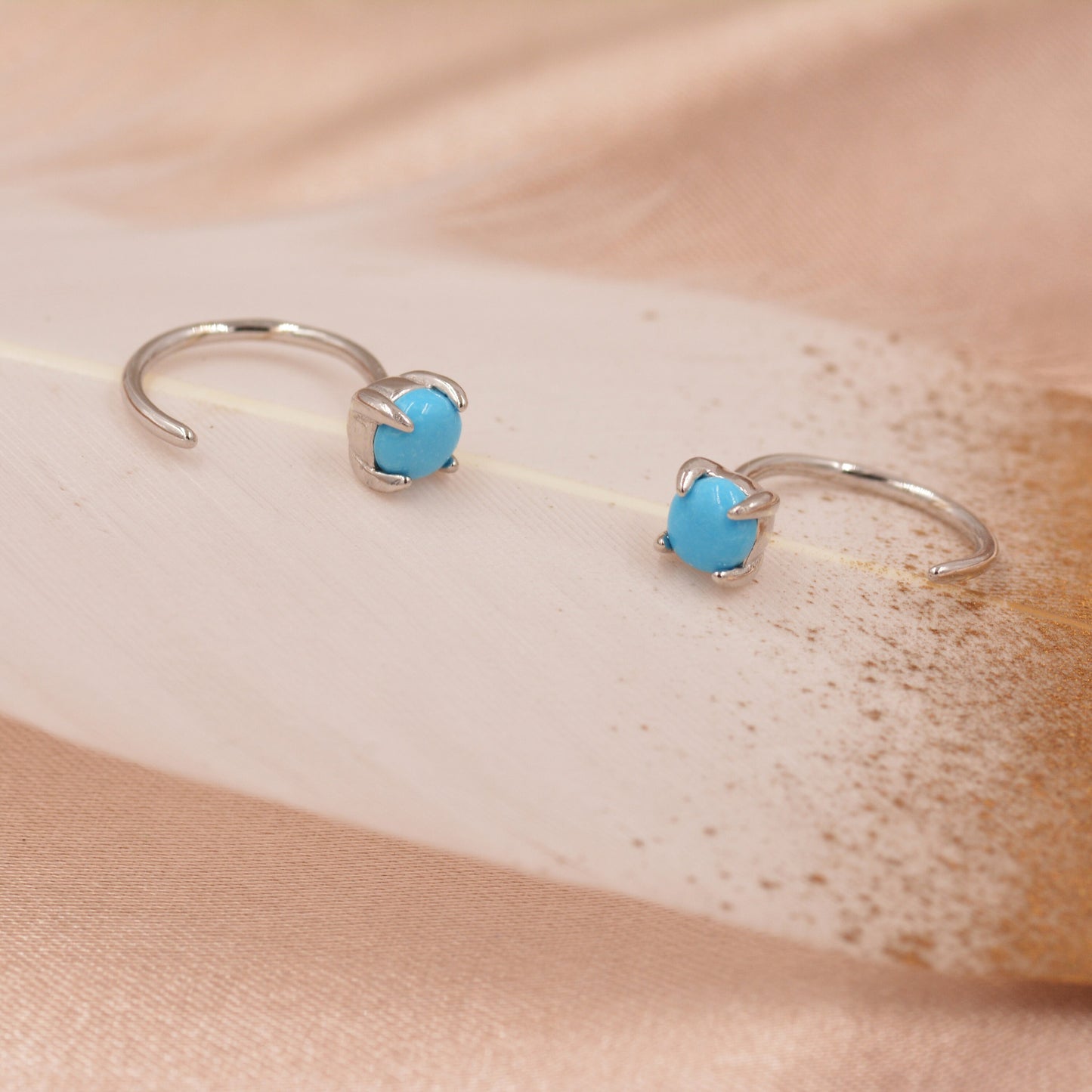 Genuine Turquoise Threader Hoop Earrings in Sterling Silver, Turquoise Dot Open Hoop Earrings, Huggie Hoop,  Pull Through