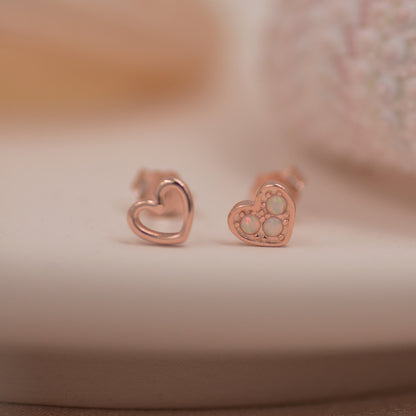 Extra Tiny Opal Heart and Open Heart Mismatched Stud Earrings in Sterling Silver - Gold, Rose Gold and Silver Petite Stud Earrings