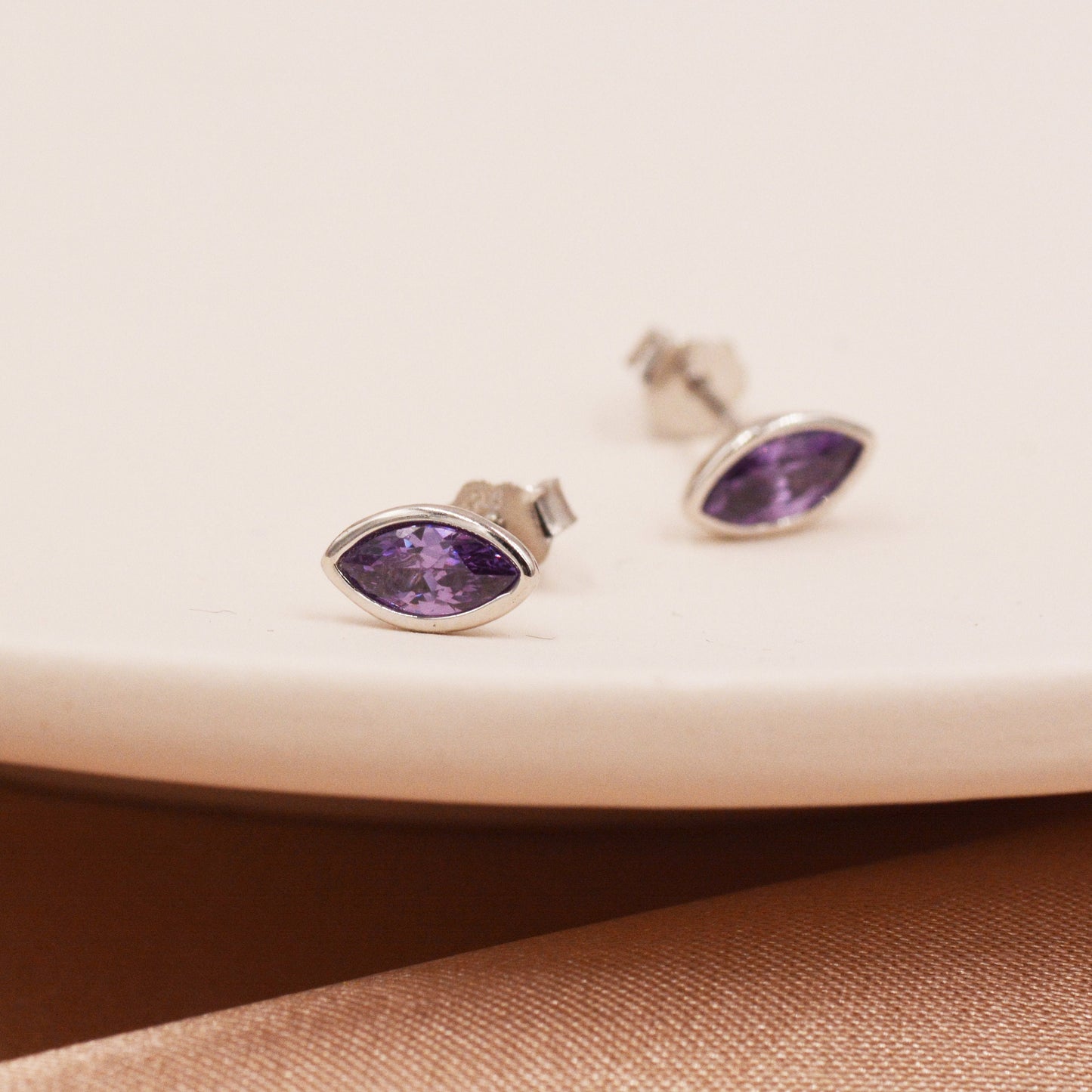 Amethyst Purple Crystal Marquise Stud Earrings in Sterling Silver with Lilac CZ -  Petite Stud Earrings or Threader Hoop
