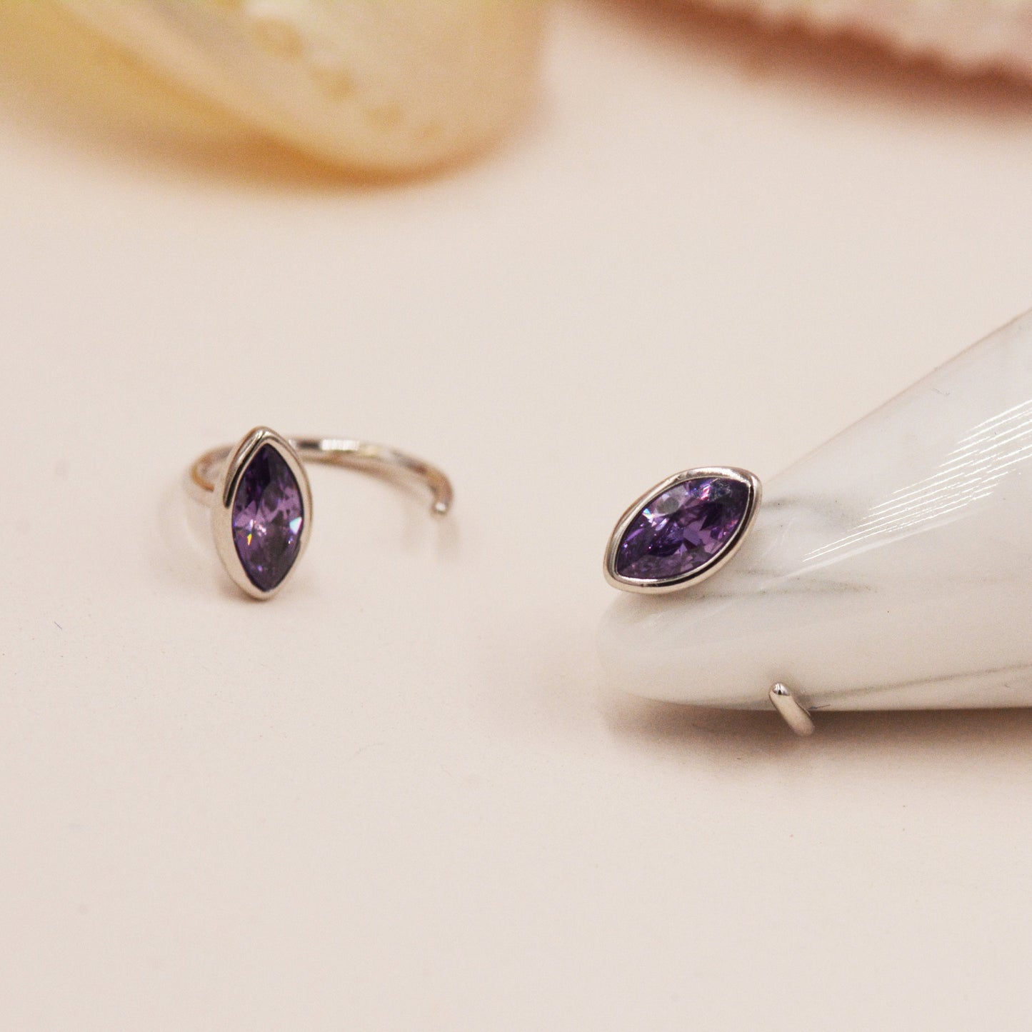 Amethyst Purple Crystal Marquise Pull Through Earrings in Sterling Silver with Lilac CZ -  Petite Stud Earrings or Threader Hoop