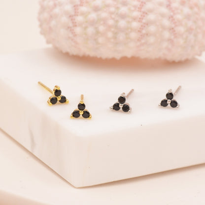 Extra Small Trinity CZ Stud Earrings in Sterling Silver - Three Dot - Gold or Silver -   Onyx Black