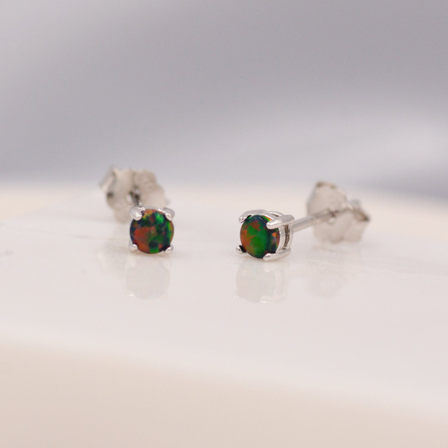 Black Opal Stud Earrings in Sterling Silver - 3 sizes - Lab Opal Stud Earrings  - Semi Precious Gemstone