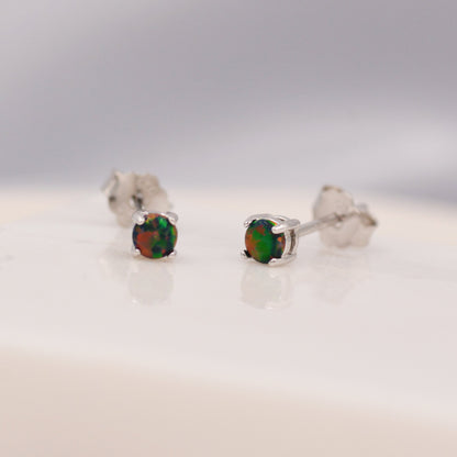 Black Opal Stud Earrings in Sterling Silver - 3 sizes 3mm 4mm 5mm - Lab Opal Stud Earrings  - Semi Precious Gemstone