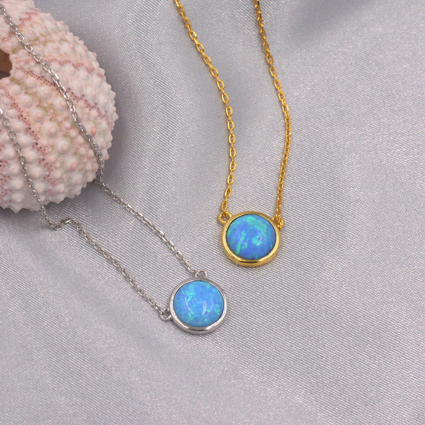 Sterling Silver Blue Opal Dainty Coin Pendant Necklace - Gold Over Sterling Silver - Delicate Crystal Coin Necklace