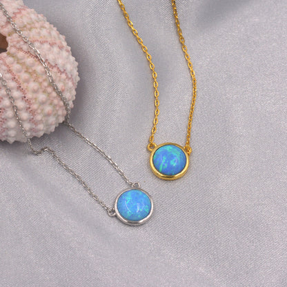 Sterling Silver Blue Opal Dainty Coin Pendant Necklace - Gold Over Sterling Silver - Delicate Crystal Coin Necklace