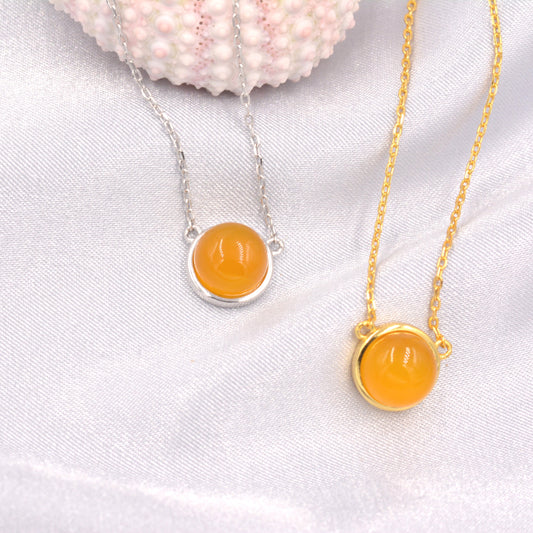 Sterling Silver Honey Chalcedony Dainty Coin Pendant Necklace - Gold Over Sterling Silver - Delicate Crystal Coin Necklace