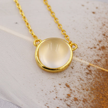 Sterling Silver Milky Quartz Crystal Coin Pendant Necklace - Gold or Silver -  Polished 8mm Stone - Delicate Crystal Coin Necklace