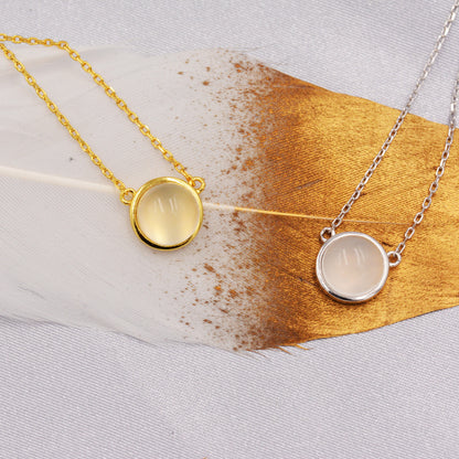 Sterling Silver Milky Quartz Crystal Coin Pendant Necklace - Gold or Silver -  Polished 8mm Stone - Delicate Crystal Coin Necklace