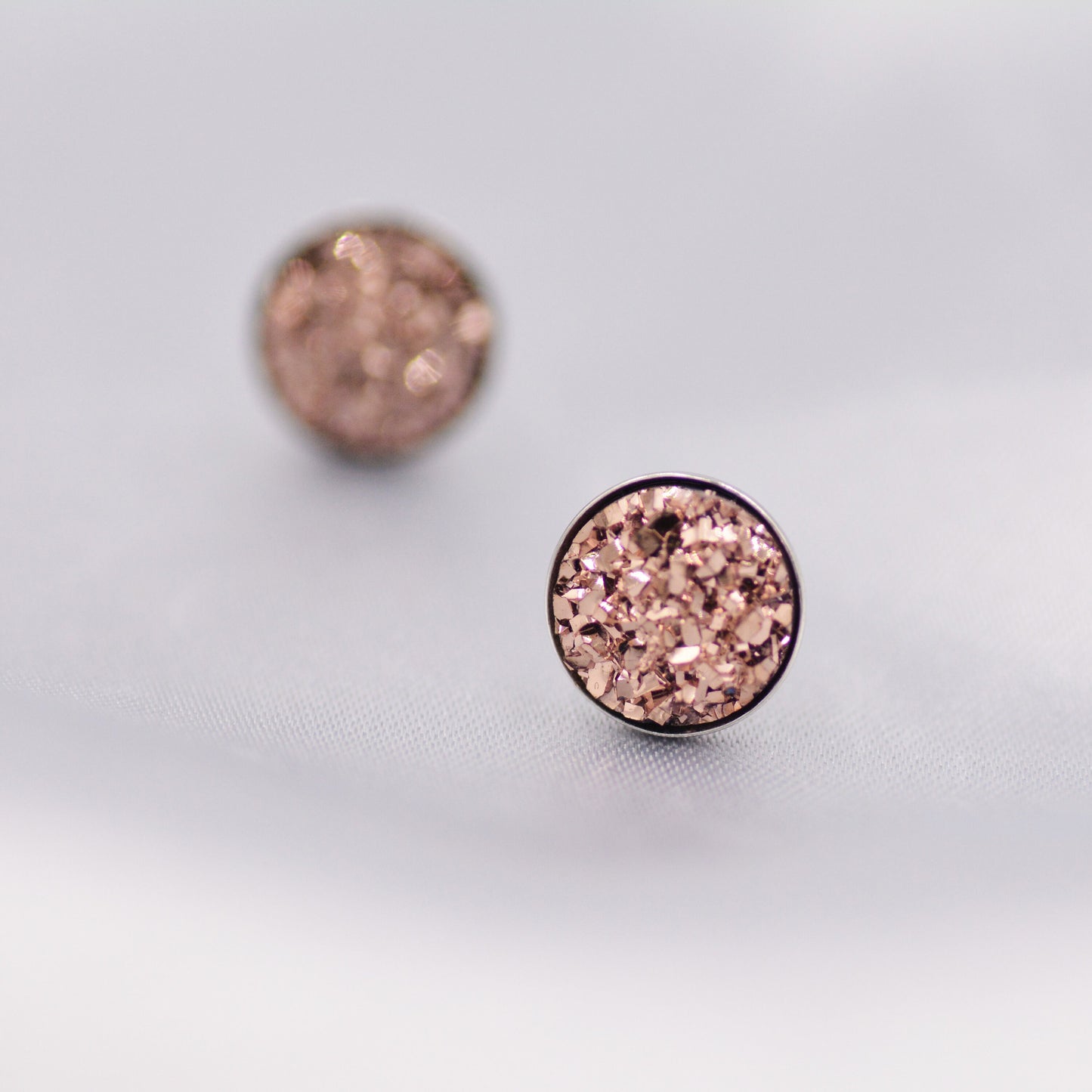 Sterling Silver Rose Gold Druzy Stud Earrings? 8mm Coin Earrings, Sparkly and Pretty - Rose Gold