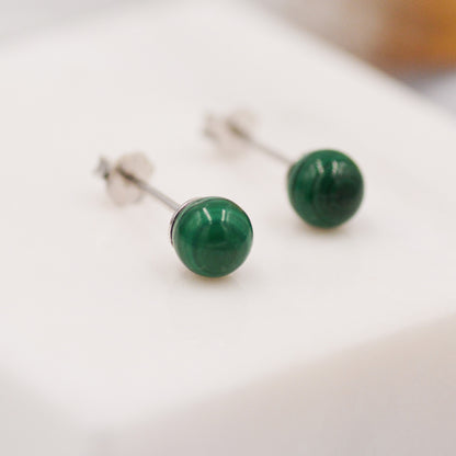 6mm Malachite Stud Earrings in Sterling Silver, Semi-Precious Gemstone Stud Earrings, Genuine Malachite Earrings, Green Gemstone