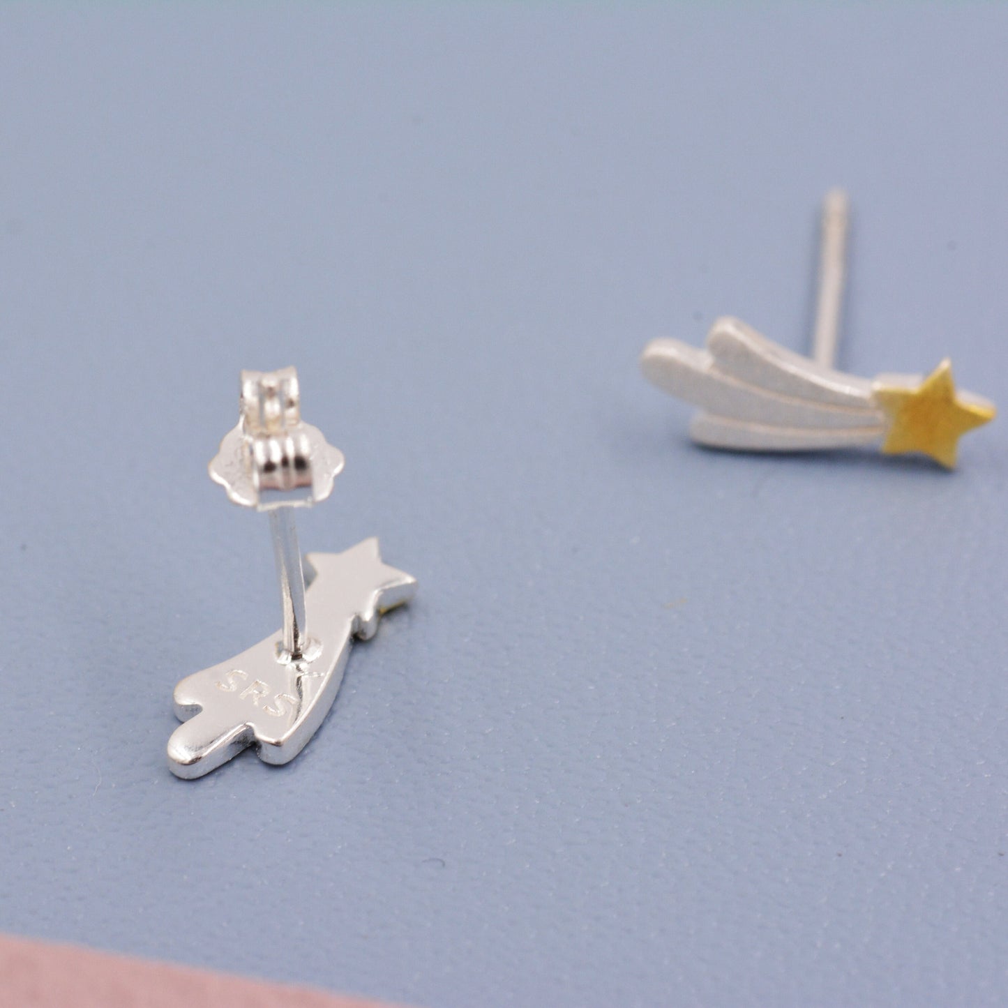 Dainty Shooting Star Stud Earrings in Sterling Silver - Two Tone Gold and Silver Earrings - Frosted Finish -  Fun, Whimsical