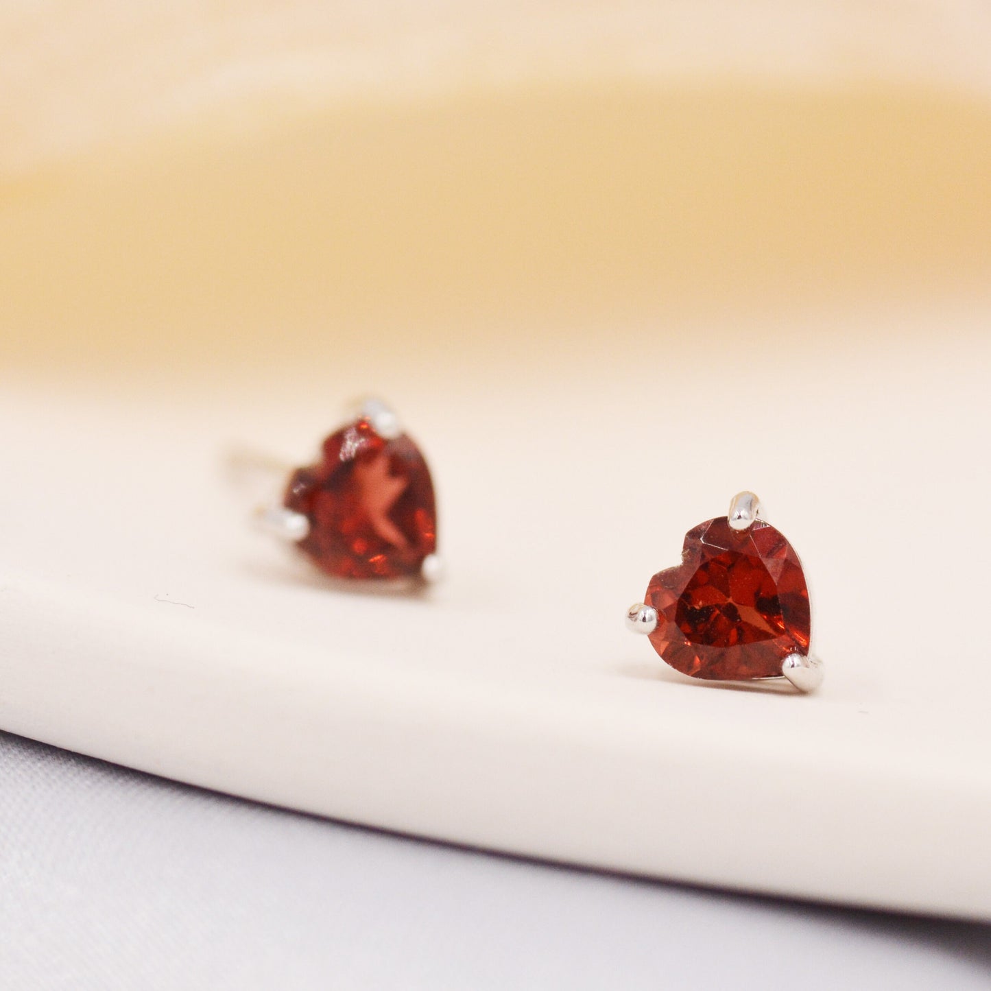 Natural Garnet Stone Heart Stud Earrings in Sterling Silver - 5mm Genuine Garnet Crystal Stud Earrings  - Semi Precious Gemstone
