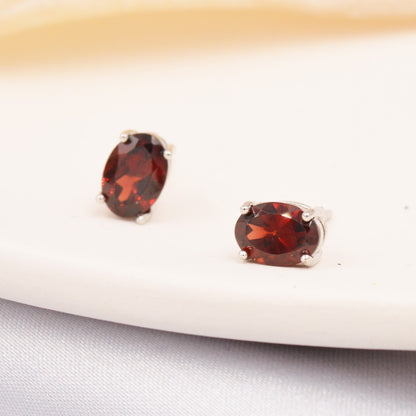 Natural Garnet Stone Oval Stud Earrings in Sterling Silver - Genuine Garnet Crystal Stud Earrings  - Semi Precious Gemstone
