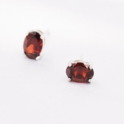 Natural Garnet Stone Oval Stud Earrings in Sterling Silver - Genuine Garnet Crystal Stud Earrings  - Semi Precious Gemstone