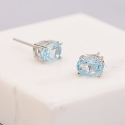 Natural Blue Topaz Stone Oval Stud Earrings in Sterling Silver - Genuine Blue Topaz Crystal Stud Earrings  - Semi Precious Gemstone
