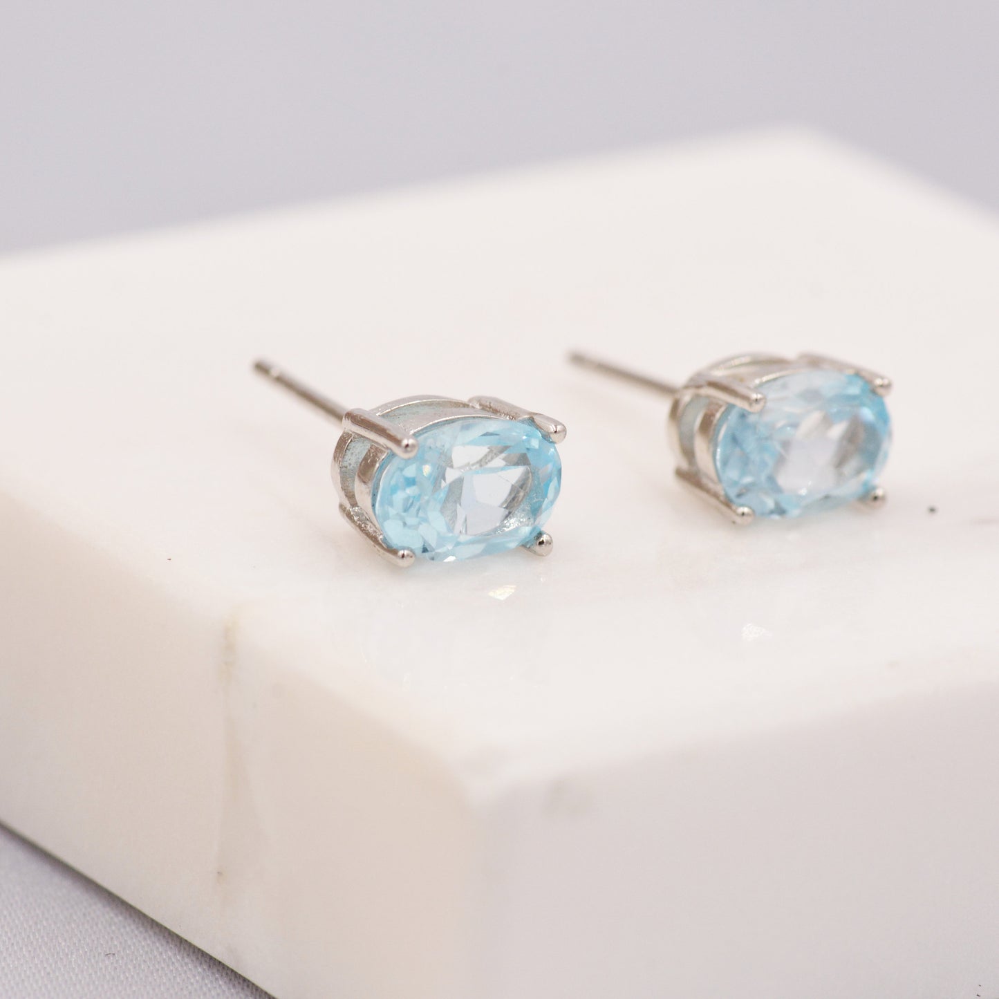 Natural Blue Topaz Stone Oval Stud Earrings in Sterling Silver - Genuine Blue Topaz Crystal Stud Earrings  - Semi Precious Gemstone