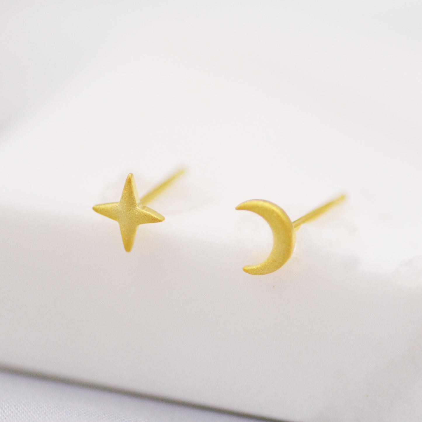 Mismatched Four Point Star and Moon Stud Earrings in Sterling Silver, Crescent Moon Celestial Stud, Polished or Textured, Gold or Silver