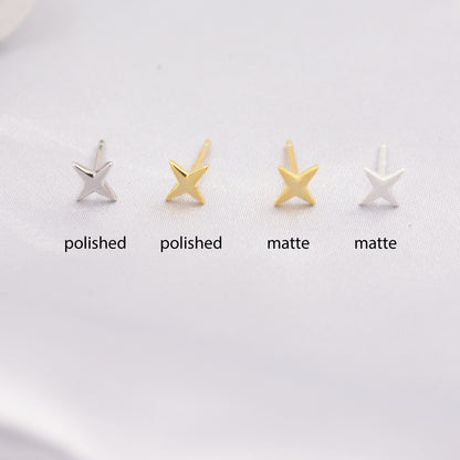 Four Point Star Stud Earrings in Sterling Silver, Tiny Celestial Stud, Polished or Textured, Gold or Silver