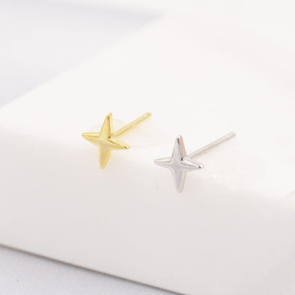Four Point Star Stud Earrings in Sterling Silver, Tiny Celestial Stud, Polished or Textured, Gold or Silver