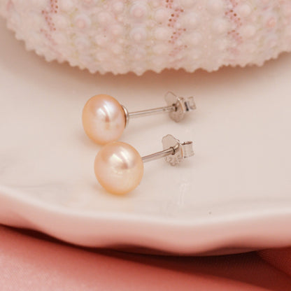 Genuine Pink Pearl Stud Earrings in Sterling Silver, 5mm - 8mm, Small Pearl Stud and Large Pearl Stud, Silver pearl Earrings,