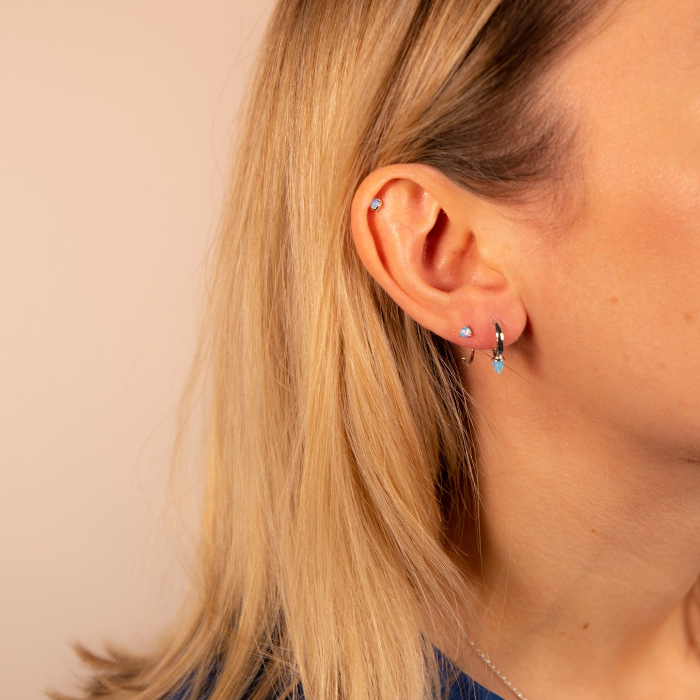 Sterling Silver Opal Spike Huggie Hoop Earrings, Blue and White Opal, Gold or Silver Minimalist Geometric Hoop Earrings