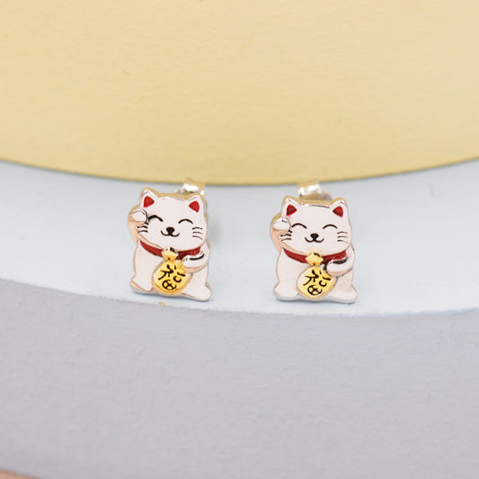 Super Cute Japanese Maneki-neko Cat Stud Earrings in Sterling Silver - Animal Stud Earrings  - Cute Money Cat, Waving Cat Stud, Cat Earrings